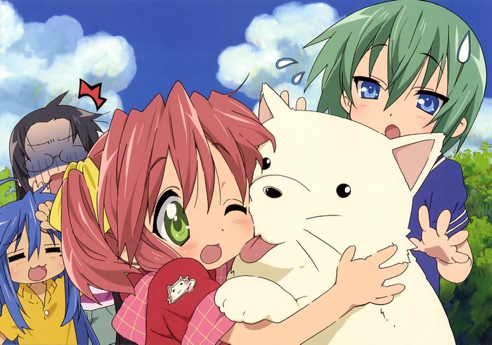 Lucky Star characters with a plush toy