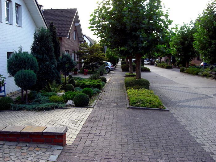 Street with houses and manicured gardens in Bedburg, Germany