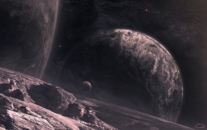 Planetary surfaces in deep space with stars and moons
