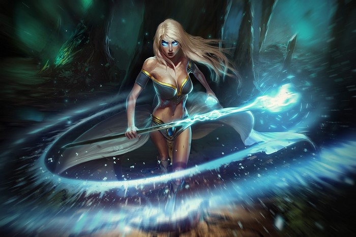Woman with magic staff in a forest