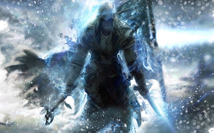 Connor from Assassin's Creed 3 surrounded by blue energy