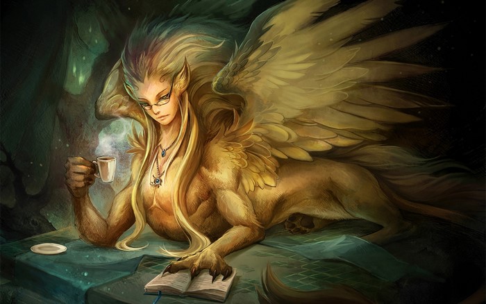 Sphinx with wings drinking coffee and reading a book