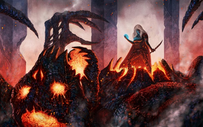 Woman with magic orb and sword near lava monster