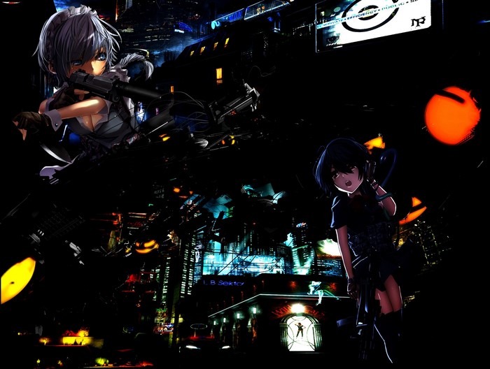 Anime girls with guns in a futuristic city
