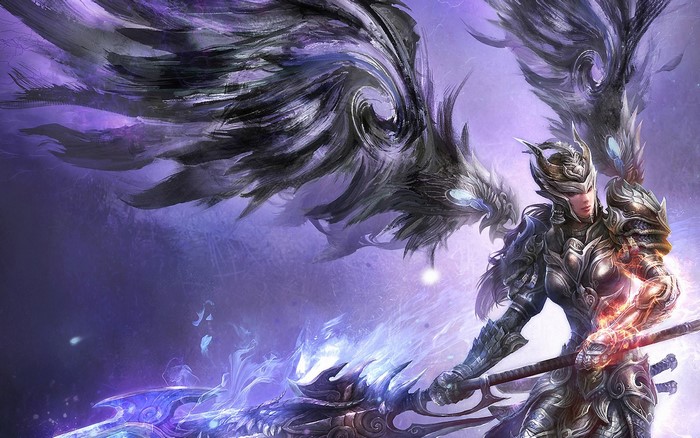 Angel warrior with dark wings and glowing spear