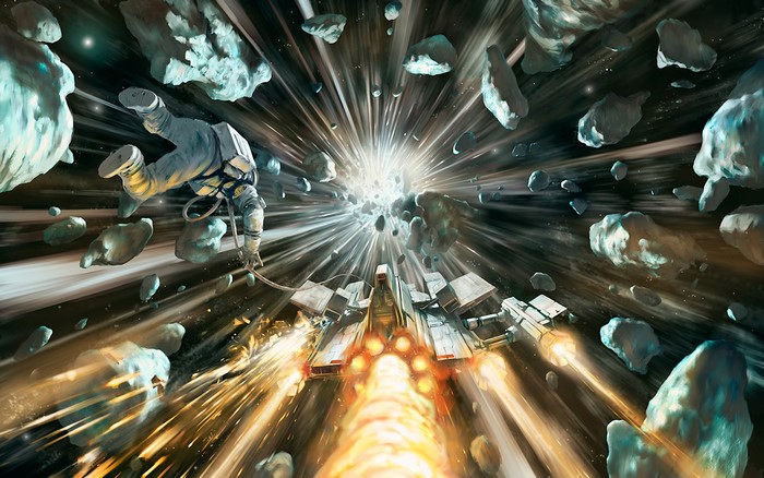 Astronaut and spaceship in asteroid field with warp speed effect