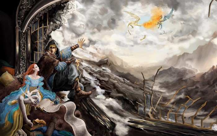 Two dragons fighting in the sky above a ruined landscape