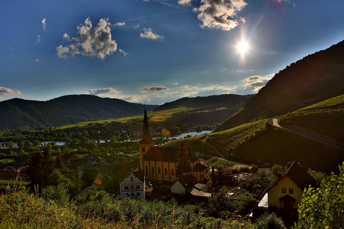 Village church and vineyards in Germany