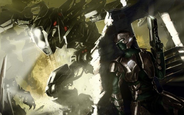 Robot and soldier in ruined city