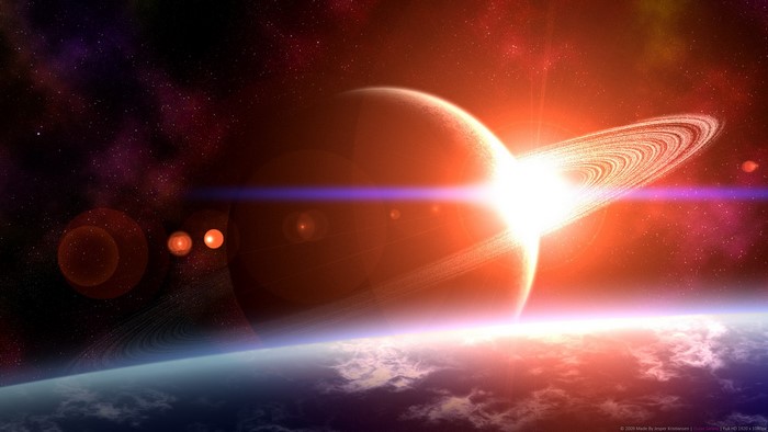 Planet with rings and Earth during sunrise