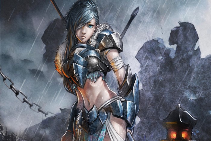 Warrior woman in armor in the rain