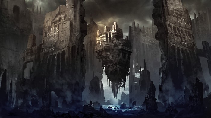 Floating ruins in a dark, fantasy landscape