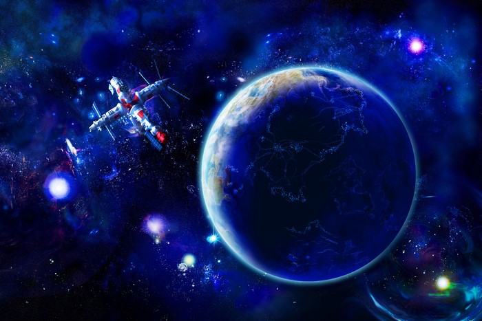 Spacecraft near Earth in a nebula