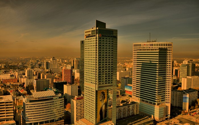 Warsaw skyline with skyscrapers at sunset