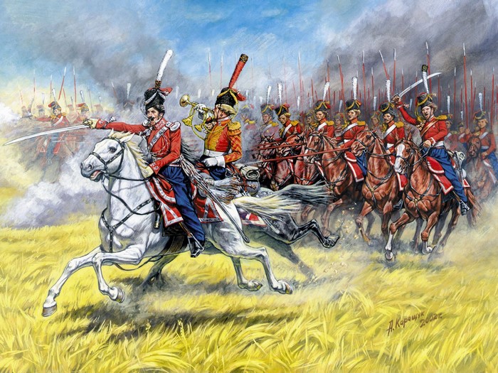 Cavalry charge in red uniforms with swords and bugle
