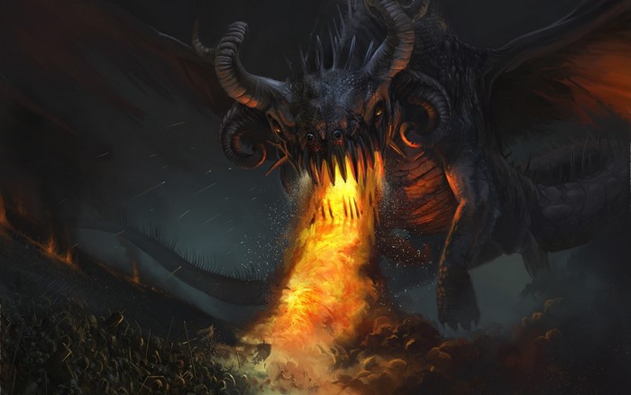 Dragon breathing fire on an army