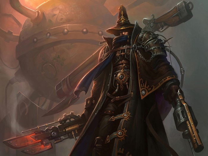 Steampunk man with guns and mechanical background