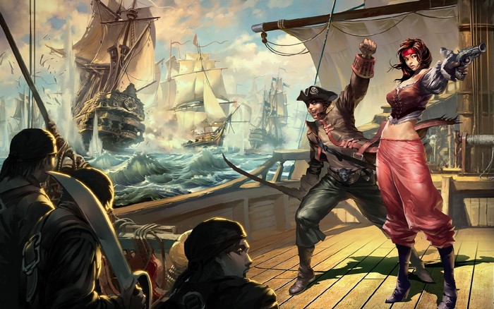 Pirates in battle with ships at sea