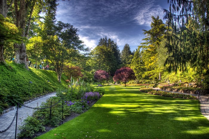 Beautiful Gardens with a Winding Path and Green Lawns