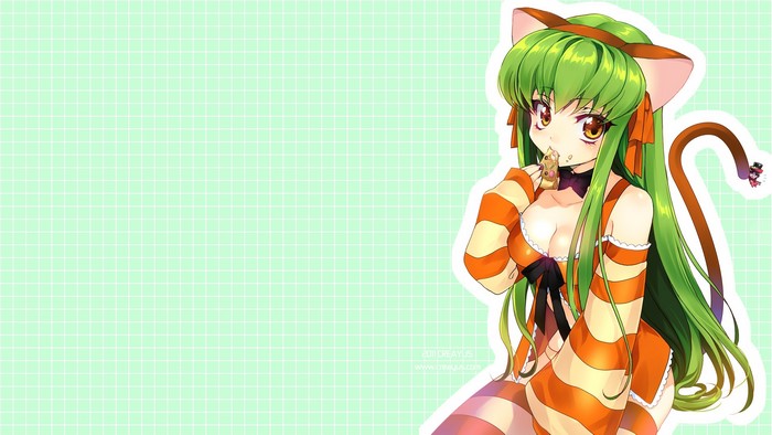 C.C. from Code Geass as a catgirl eating a cookie