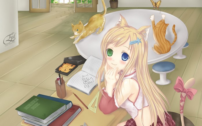 Neko Girl with Cats and Butterfly