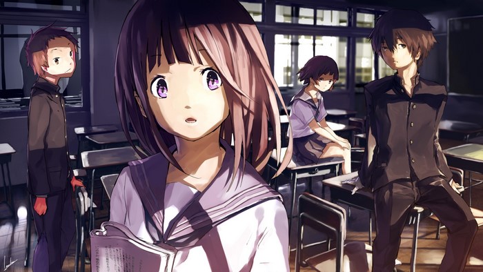 Hyouka characters in a classroom