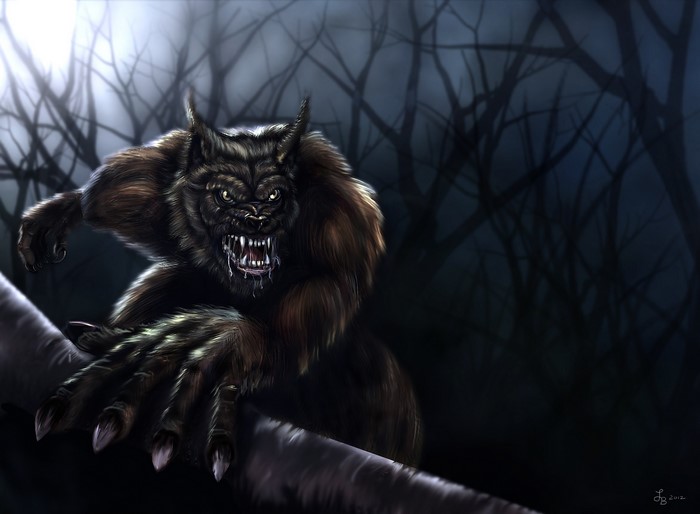 Werewolf on a branch in a dark forest