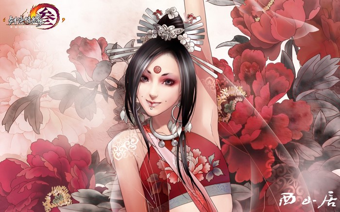JX Online character with peonies