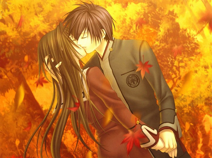 Couple kissing in autumn Hiiro no Kakera