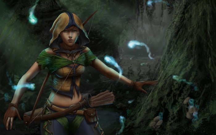 Archer girl with bow and arrows in a forest