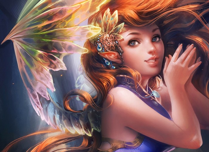 Fairy with iridescent wings and fiery hair