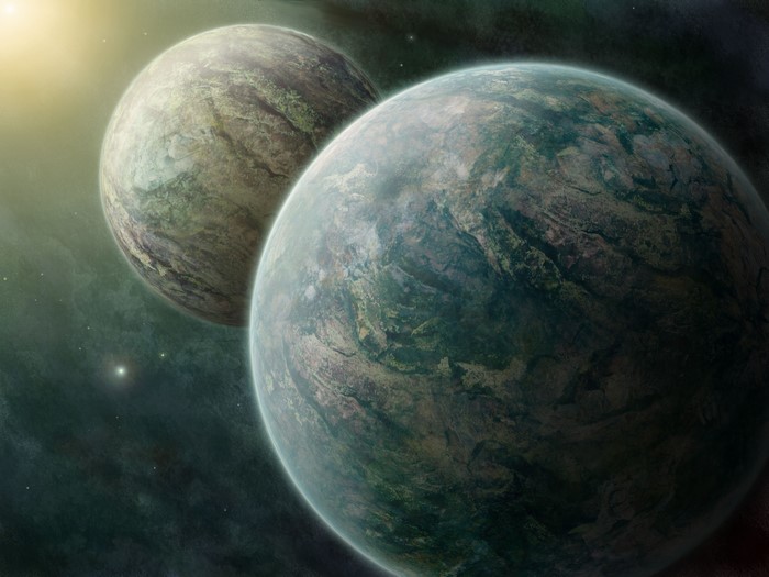 Two planets in space with a bright star