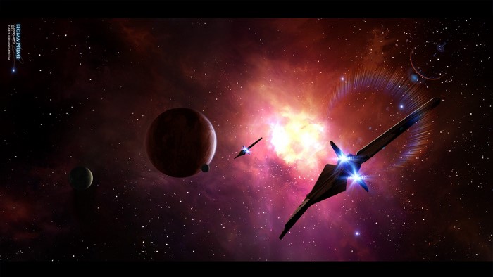 Spaceships and planets in a colorful nebula