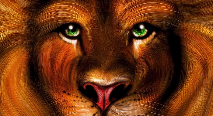 Close-up painting of a lion's face