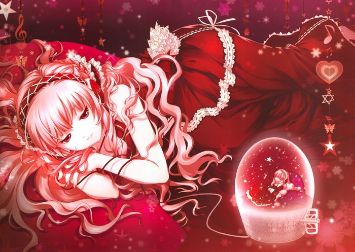 Hatsune Miku in a red dress with a snow globe