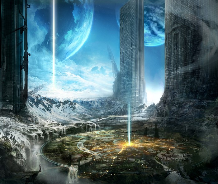 Futuristic city with alien planets in the sky