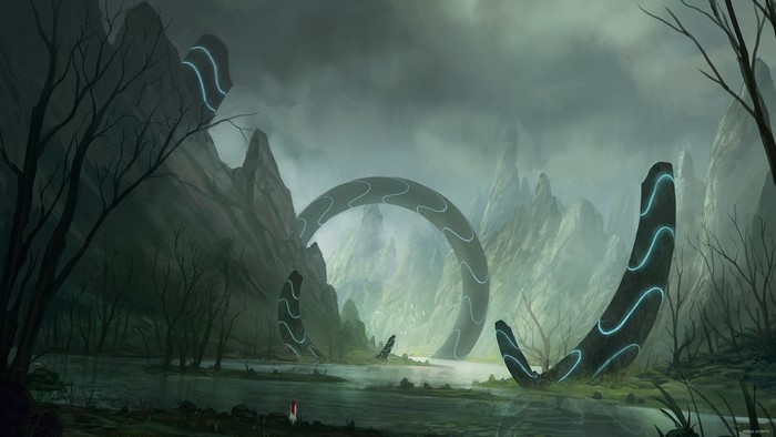 Alien ring structures in a misty mountain landscape