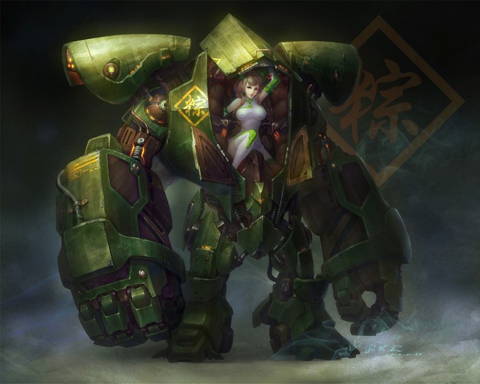 Girl in a green mech suit