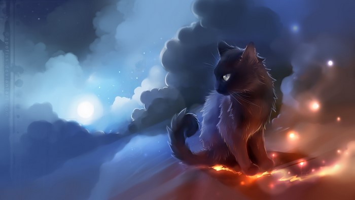Black cat sitting in a fantasy landscape