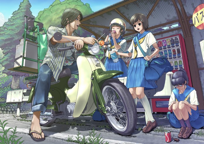 People at a bus stop with a vending machine and a motorcycle