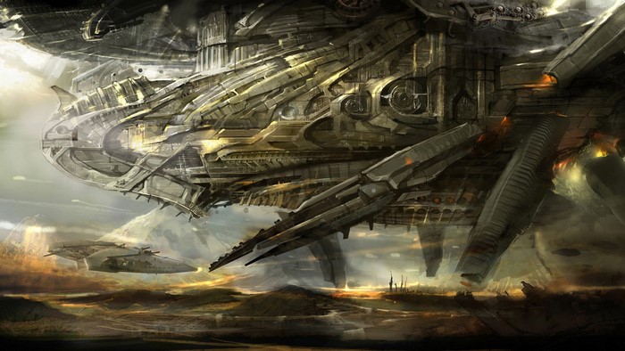 Steampunk airship over a desolate landscape