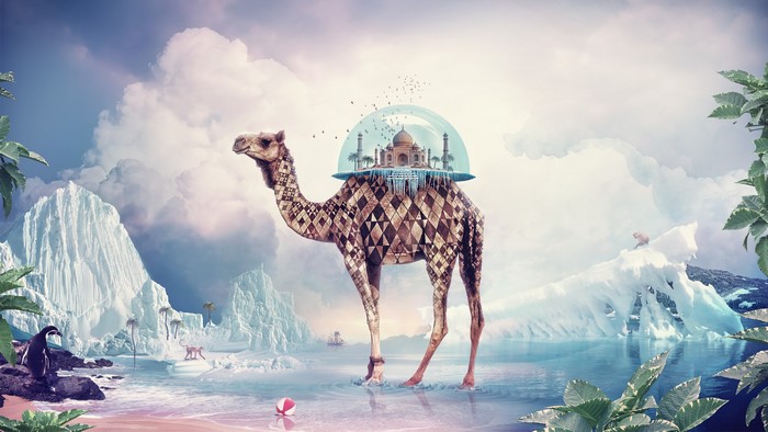 Camel carrying Taj Mahal under a glass dome in an icy landscape