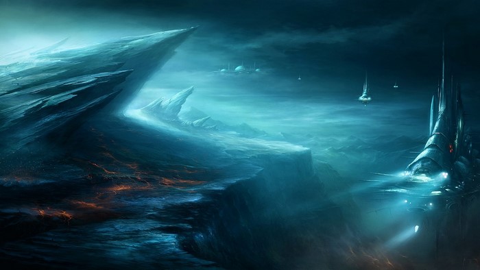 Alien landscape with futuristic structures and flying vehicles