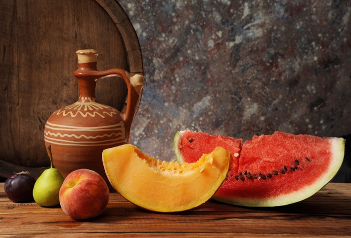 Still life with fruits and a jug