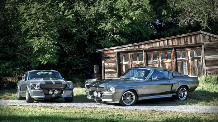 Two Ford Mustang Shelby GT500s parked outside a barn