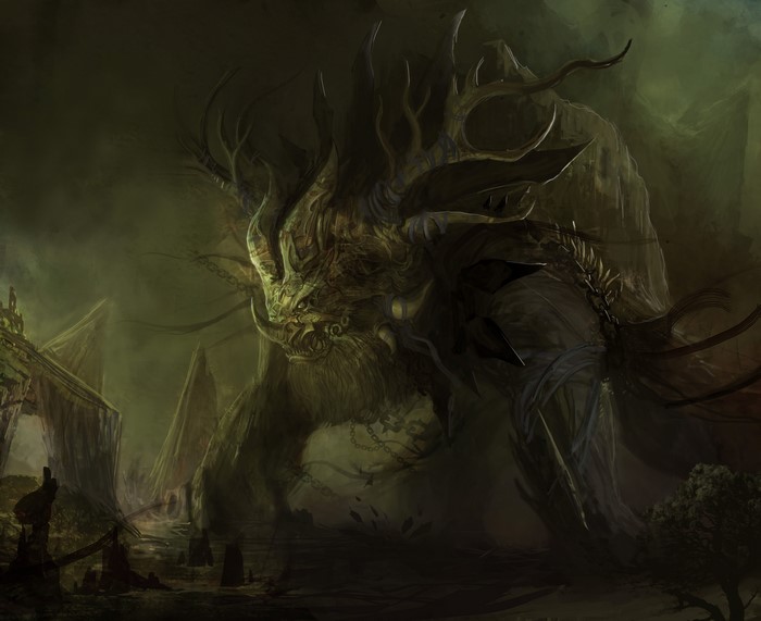 Monster in a dark, ruined landscape