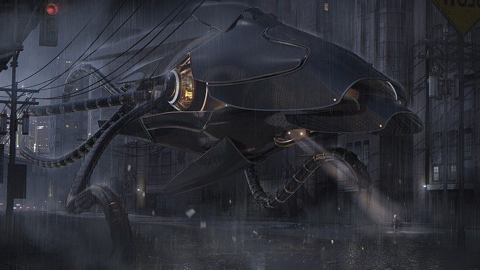 Giant alien tripod in a rainy city street