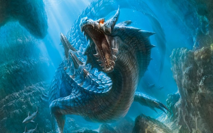 Blue sea dragon with sharks underwater