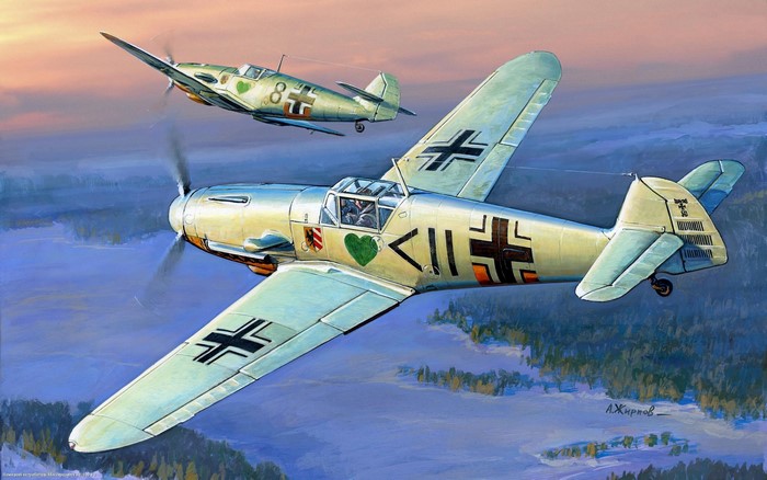 Two Messerschmitt Bf 109 aircraft in flight