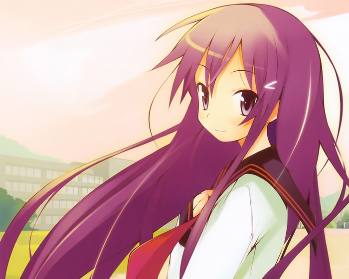 Girl with purple hair in school uniform